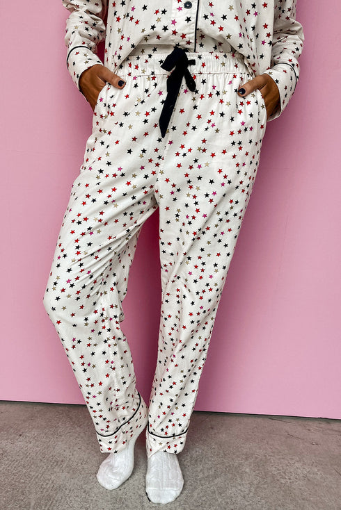 White Contrast Pipping Star Long Sleeve and Pants Pajamas Set